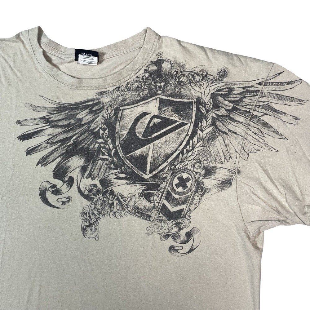 VTG Quicksilver T Shirt Mens‎ XL Surf Skate Graphic Y2k Tan Wings Logo Grunge